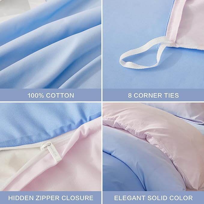 SAPHREAS Twin Size Duvet Cover Blue Pink Gradient Bedding Set with 8 Corner Ties and 1 Pillow Sham Microfiber Reversible Duvet Cover Set with Zipper Closure
