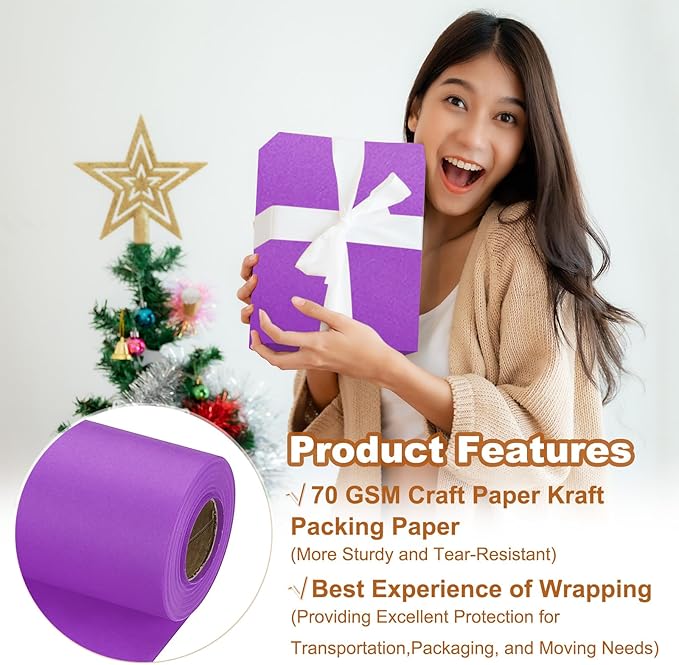 PATIKIL Wrapping Paper, 20" x 600"(49') 70 GSM Craft Paper Roll Kraft Packing Paper for Poster Bulletin Board, Gift Wrapping, Dark Purple