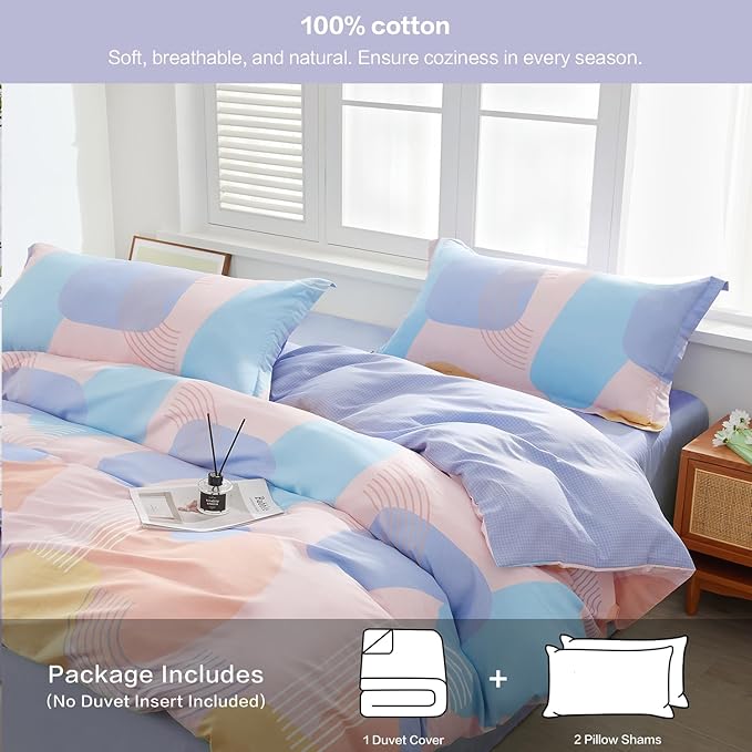 SAPHREAS Colorful Geometric Blocks Duvet Cover Set Full Size 3pcs 100% Cotton Orange Blue Bubble Bedding Comforter Cover Set 1 Duvet Cover 2 Pillow Shams