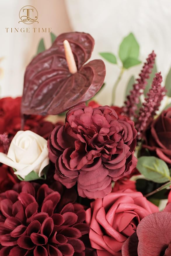 TINGE TIME 11 Inch Wedding Bouquets for Bride, Burgundy Artificial Flowers Bouquet, Brides & Bridesmaids Bouquet Tossing Bouquet for Wedding Anniversary Ceremony Bridal Shower Decorations