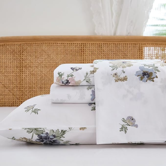 100% Cotton Sheet Set King Size – 4-Piece Vintage Floral Chic Bedding Set, Soft Breathable Percale Weave, Deep Pocket Fitted Sheet 17.5", Crisp Cool Feel, Refined Botanical Elegance