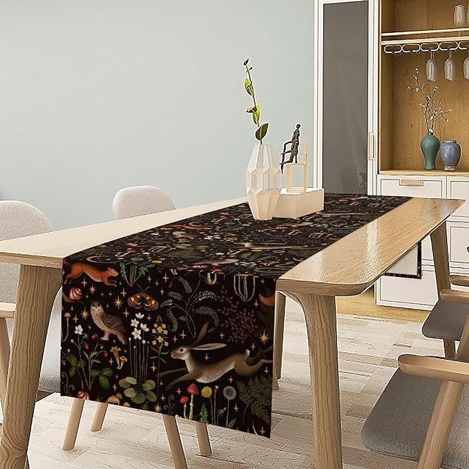 Rustic Forest Table Runner, Farmhouse Country Fairy Woodland Wild Animals Butterfly Mushroom Table Runner for Home Kitchen Dining Table Decor, 13x90inch