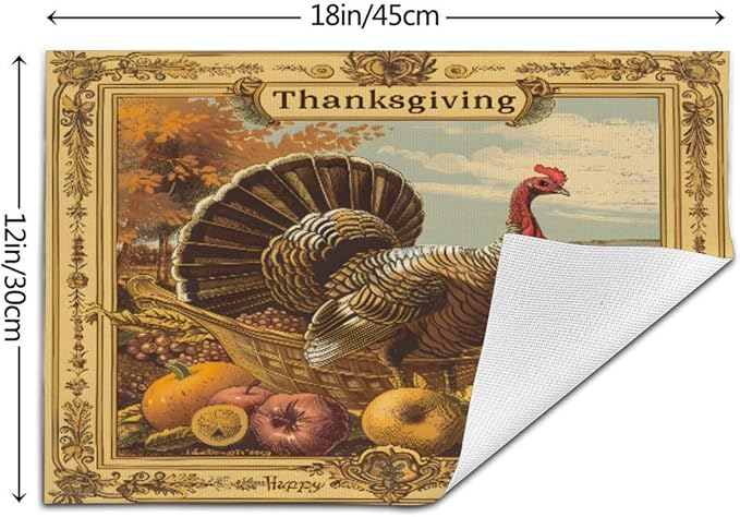 PVC Placemats Set of 6 Wipeable Table Mats Washable Heat Resistant Non Slip Vinyl Dining Table Mat for Kitchen Indoor Outdoor Patio Farmhouse Place Mats Retro Turkey Thanksgiving Decorative