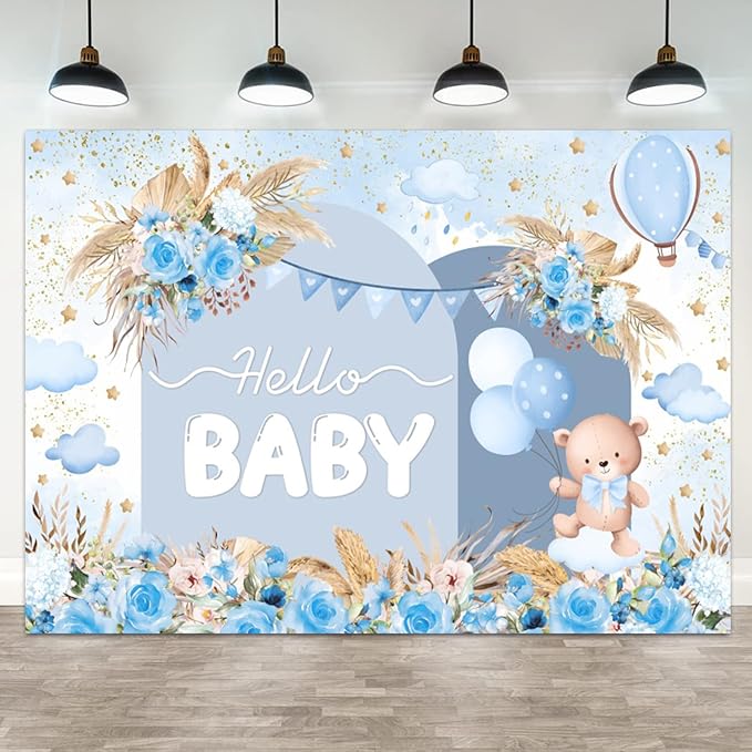 15x10ft Hello Baby Backdrop Blue Gold Boho Floral Bear Baby Shower Photography Background Balloon Stars Clouds Banner Decorations Welcome Newborn Celebration Party Portrait Photo Booth Prop