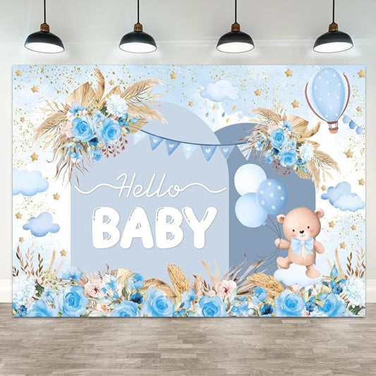 7x5ft Hello Baby Backdrop Blue Gold Boho Floral Bear Baby Shower Photography Background Balloon Stars Clouds Banner Decorations Welcome Newborn Celebration Party Portrait Photo Booth Prop