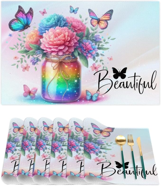 PVC Placemats Set of 1 Rainbow Flower Butterfly Wipeable Table Mats Washable Heat Resistant Non Slip Vinyl Dining Table Mat for Kithen Indoor Outdoor Patio Farmhouse Place Mats Decorative