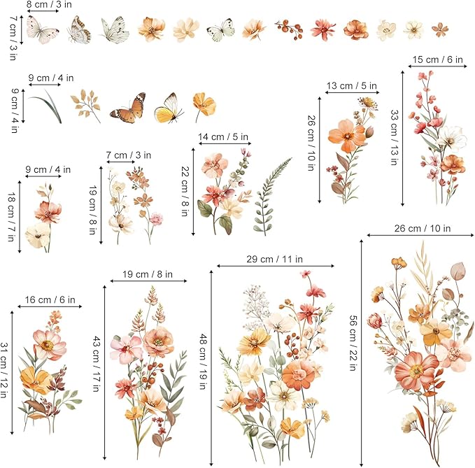 decalmile Boho Flower Wall Decals Garden Floral Butterflies Wildflower Wall Stickers Girls Bedroom Living Room Baby Nursery Wall Decor