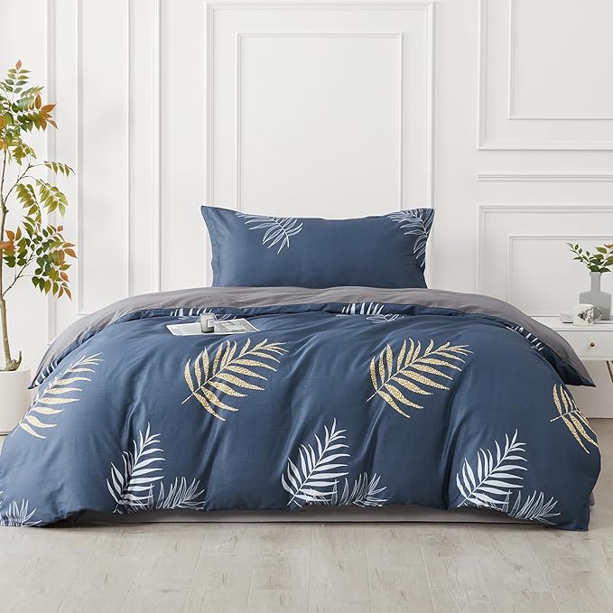 SAPHREAS Navy Blue Duvet Cover Set 2pcs Tropical Botanical Palm Leaves Bedding Comforter Cover Set Closure 1 Cotton Duvet Cover 68"x90" 1 Pillow Sham, Comforter Not Included