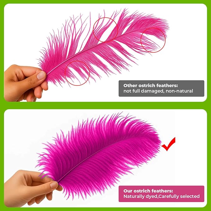 Piokio 20 pcs Fuchsia Ostrich Feathers Plumes 8-10 inch(20-25 cm) Bulk for DIY Handmade Artwork and DIY Clothes, Feather Pens, Dream Catcher, Table Decoration.