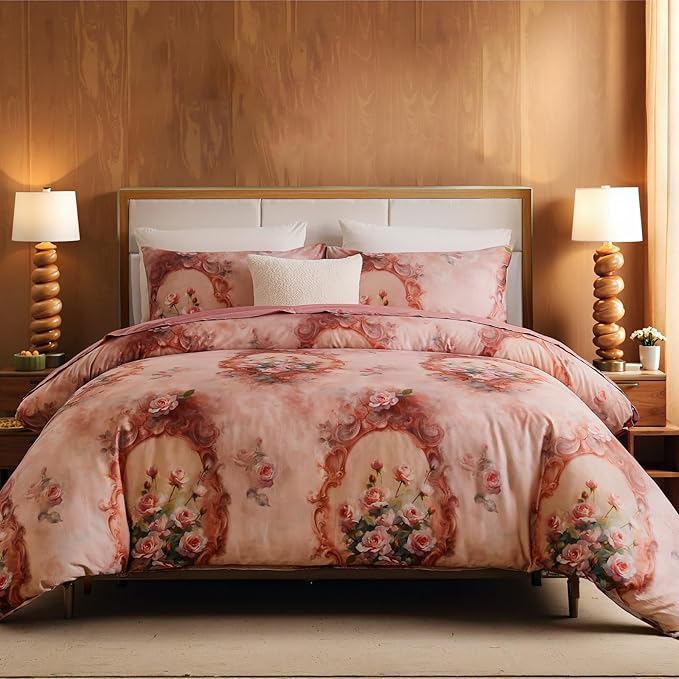 100% Cotton Duvet Cover Set Queen Size – Pink French Vintage Rose Bedding with Zipper Closure, 3-Piece Luxury Romantic Shabby Chic Floral Comforter Cover with 2 Pillowcases