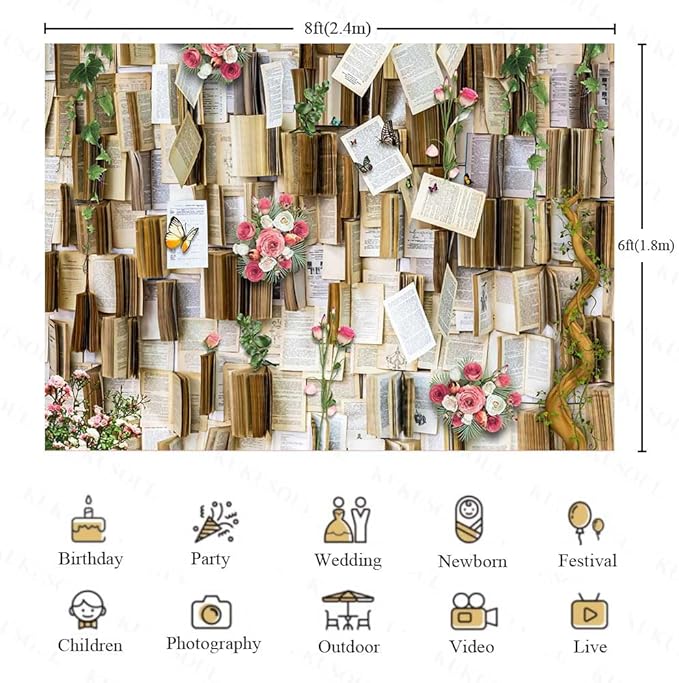 8x6ft Book Photo Backdrop Fairy Tale Books Background Pink Flowers Party Decor Background Girls Party Decorations Kids Newborn Birthday Baby Shower Photo Studio Props KUBDJ728