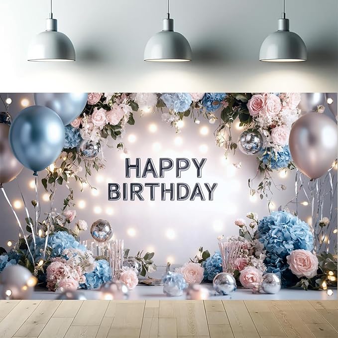 Blue Pink Happy Birthday Backdrop Banner Floral Balloon Photography Background Elegant Birthday Decorations Party Supplies Photo Booth Props 71x43 Inch