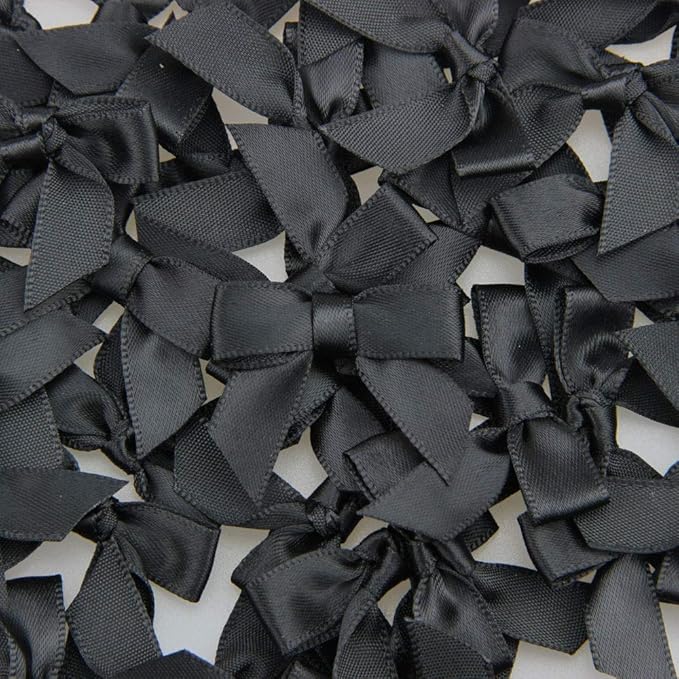7Rainbows 50pcs Boutique 1.5" Black Satin Ribbon Mini Bows for Craft Sewing Scrapbooking Wedding and Gift Wrapping