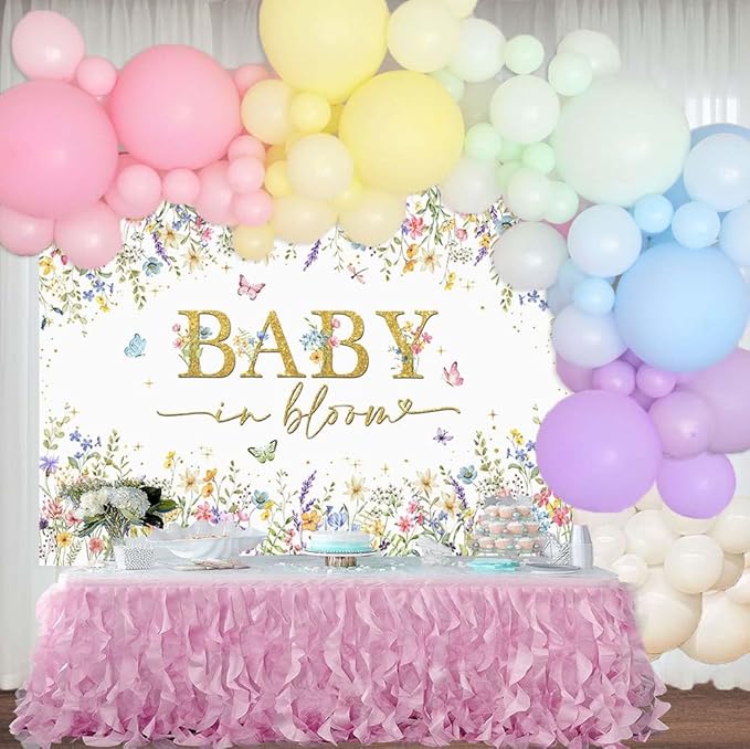 Sensfun Baby in Bloom Backdrop Wildflower Baby Shower Decorations Baby Girl's Watercolor Blossom Floral Butterfly Garden Baby Shower Photography Background Cake Table Banner Party Supplies 8x6ft
