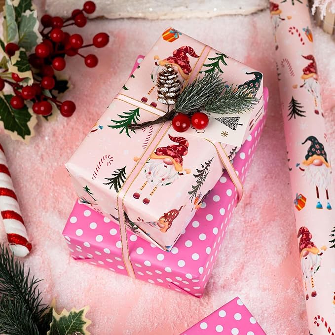 MAYPLUSS Christmas Wrapping Paper - 17 Inch X 33 Feet - Metallic Gift Wrapping Paper Christmas Tree Holly Cute Gnome Candy Cane Snowflakes Reversible Polka Dot for Holiday Party New Year Kids