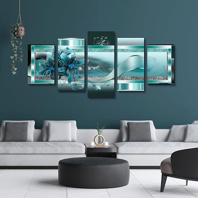 LUDUHU Extra Large Orchid Flowers Canvas Print - Abstract Turquoise Floral Wall Art Painting Decor for Home Decoration Artwork Picture Bedroom Green Floral (A,Oversize 80x40inch)