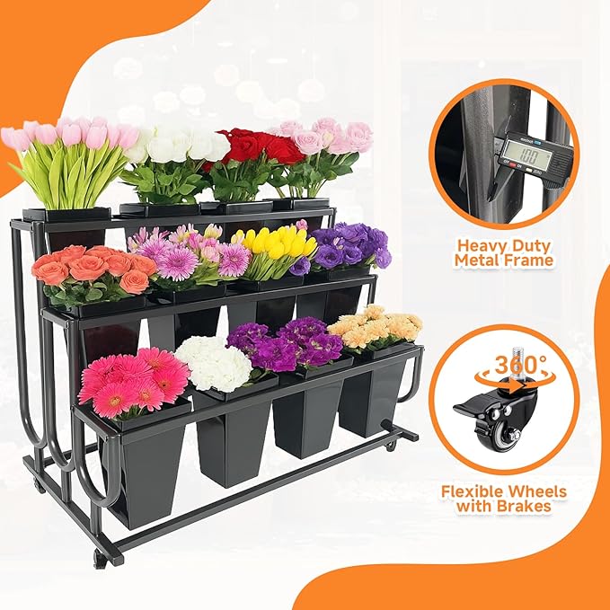 3-Tier Movable Plant Cart - Heavy Duty Flower Rack with 12 Buckets - Perfect for Shops, Homes, Cafes, and Offices（Black）