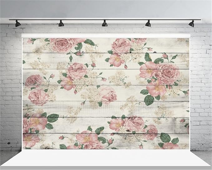 AOFOTO 5x4ft Vintage Wood Plank with Rose Floral Photography Backdrop Retro Pink Roses on Wooden Board Rustic Wedding Background Lady Woman Artistic Portrait Valentine's Day Photoshoot Studio Props