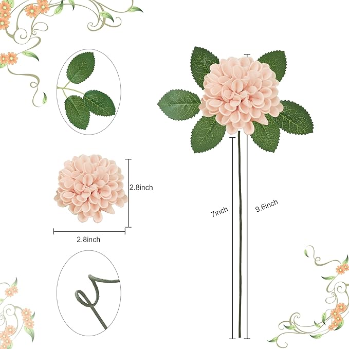 Artificial Flowers, 50pcs Realistic Artificial Rose for DIY Wedding Bouquets Centerpieces Arrangements, Peach Dahlia Flowers with Stem for Bridal Shower Party Home Decorations