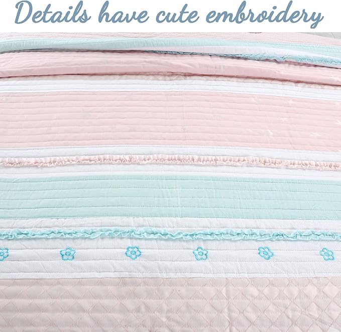 Cozy Line Home Fashions Light Pink Blue Ruffles Girl 100% Cotton Reversible Quilt Bedding Set, Coverlet, Bedspread (Candy, Queen - 3 Piece: 1 Quilt + 2 Shams)