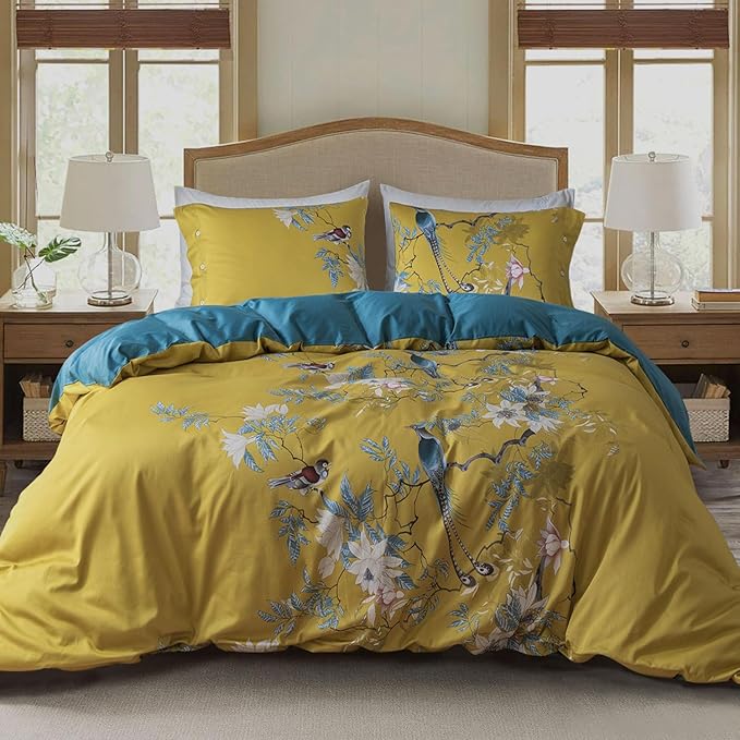 EAVD Vintage Garden Botanical Flower Cute Birds Pattern Duvet Cover King Cotton Yellow Chic Floral Tree Branches Printed Bedding Set with 2 Pillowcases Gorgeous Flower Duvet Cover with Zipper Closure