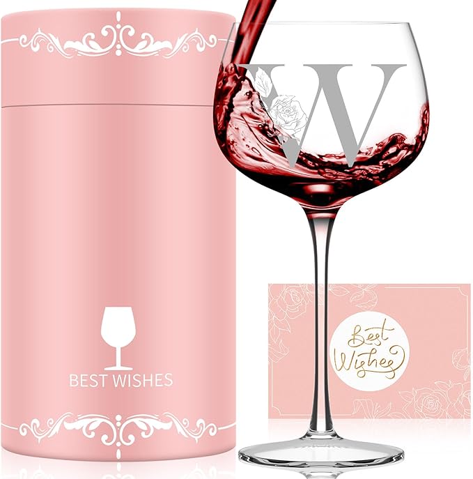 Personalized Gifts for Women, Monogrammed A-Z Wine Glass Customized Gift, Unique Christmas Birthday Gifts for Women Her Mom Friend Sister Wife Daughter Nurse (W)