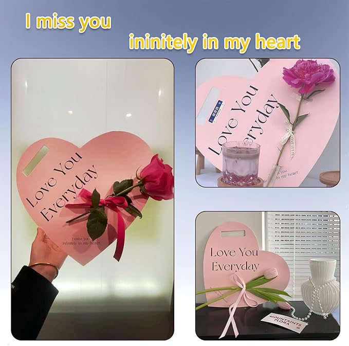 Ylapagne 5 PCS Valentine's Day Handheld Flower Wrapping Box Heart Shaped Flower Tote Single Rose Bouquet Packaging Floral Boxes for Valentine's Day Mother's Day Wedding(Pink)