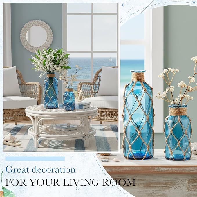 Chuangdi Set of 2 Coastal Glass Vases for Flower Small Flower Vase with Boho Rope Wrapping Beach Decorative Bottle for Coastal Nautical Table Centerpiece Wedding Floral Arrangement Decor (Navy Blue)