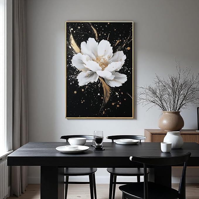 Framed Black and White Flower Canvas Wall Art for Living Room-Hand Painted Floral Wall Pictures for Bedroom- 3D Oil Painting for Office,Kitchen Home Wall Decorations 28" x 40"