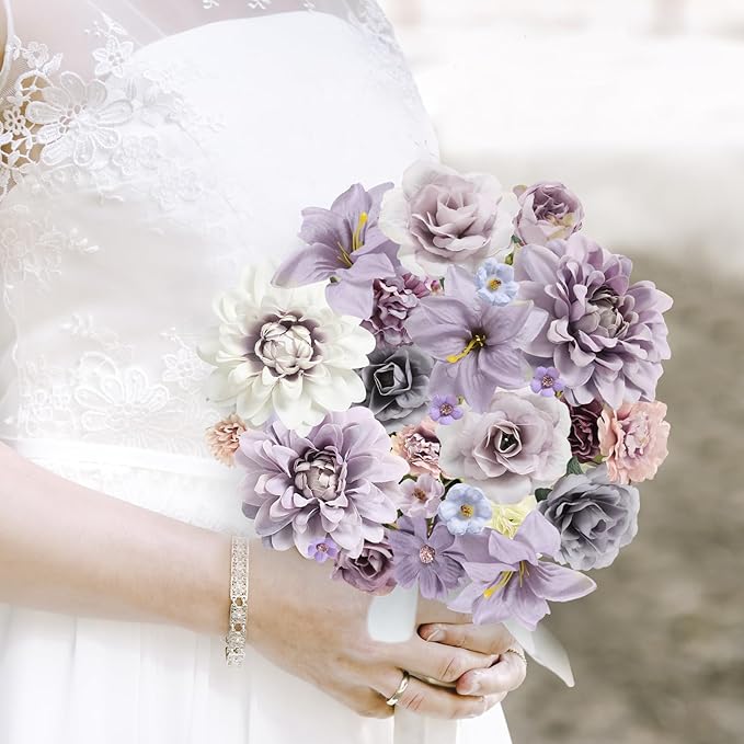 Fake Flower Heads Mini Artificial Flower Purple Faux Dahlia Rose Flowers for Crafts Cake Blossom Wreath Garland Bouquets for Wedding Bridal Party Baby Shower Graduation Season Home Decor
