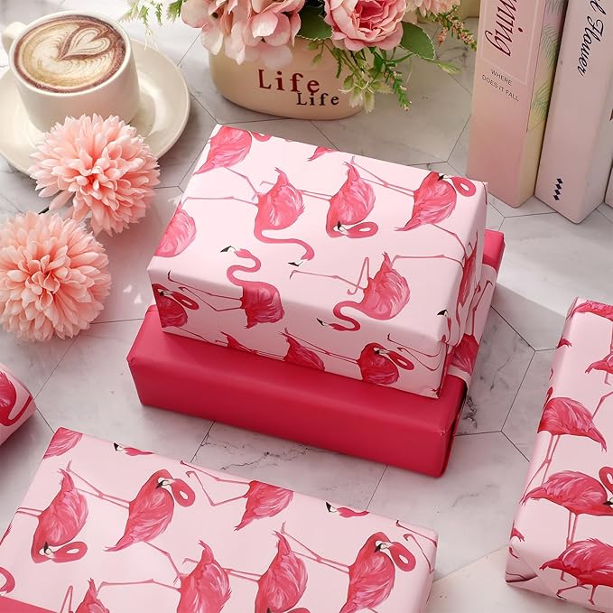 JarThenaAMCS Flamingo Wrapping Paper -Mini Roll- 17 Inch x 32.8Ft Double-Sided Pink Flamingo Gift Wrap Paper Tropical Art Paper for Summer Birthday Wedding DIY Crafts