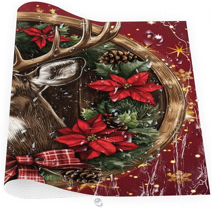 Xmas Christmas Reindeer Poinsettia Red Placemats Set of 1 PVC Vinyl Non Slip Table Mats Heat Resistant Place Mats Washable Wipeable Dining Table Mat for Kitchen Party Indoor Outdoor Decorative Gift