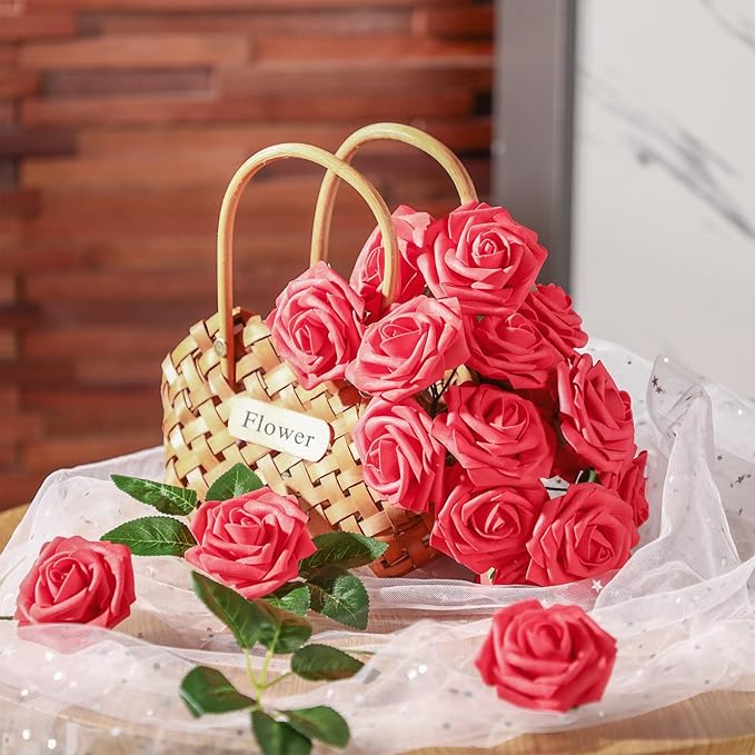 100 Pieces Artificial Foam Rose Flowers Faux Bouquet with Leaves and Stems for DIY Wedding Bouquets Centerpieces Bridal Shower Party Valentine Home Decorations(Red)