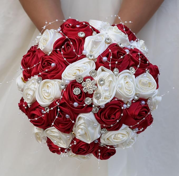 Bridal Wedding Bouquet Round Bling Brooch Bouquet Throw Toss Artificial Rose Flower Bunch for Bride Bridesmaid Wedding Quinceanera(Ruby Red & Ivory, 8.7")