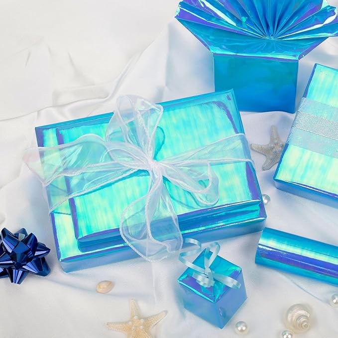 Yarcony Metallic Iridescent Wrapping Paper - 17Inch x 33Feet - Blue Iridescence Holographic Pattern Boy Fairy Gift Wrap Present Paper for Birthday Wedding Bridal Shower Valentine's Day Mother's Day