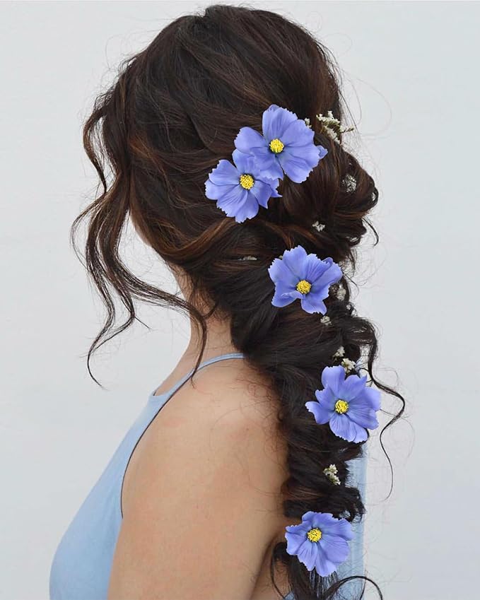 IPOPU Blue Flowers Artificial Cosmos 5PCS Fake Blue Wildflowers 24.5" Fake Daisies for Home Decor Indoor Faux Wild Flowers for Floral Arrangements Wedding Centerpiece
