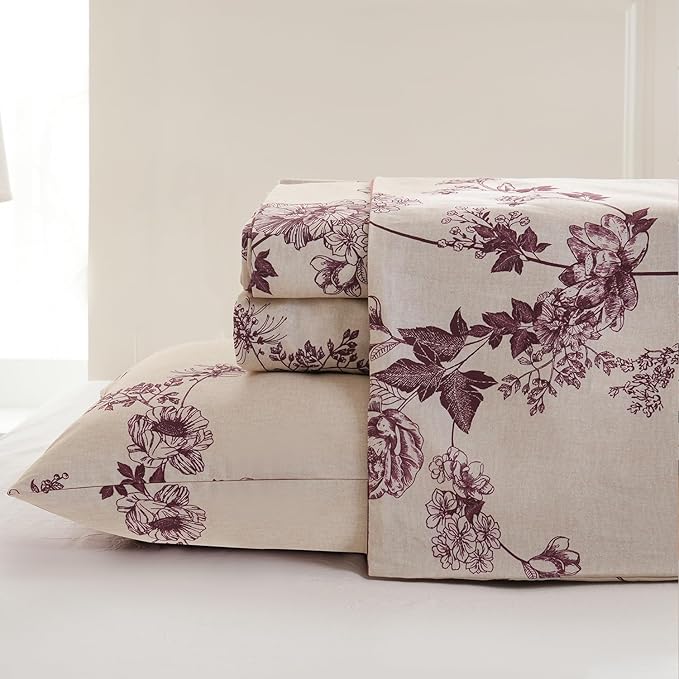 Zusbest California King Sheet Sets 100% Percale Cotton Red Floral Bed Sheet, Brushed Extra Softness, Breathable Toile Flannel Like Sheets Shabby Vintage Flower Print Deep Pocket Sheets 17.5'' 4 Pcs