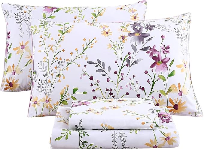 RYNGHIPY Cotton Floral Bed Sheet Set Full Size Botanical Flowers Print Bedding Shabby Garden Floral Bed Sheets