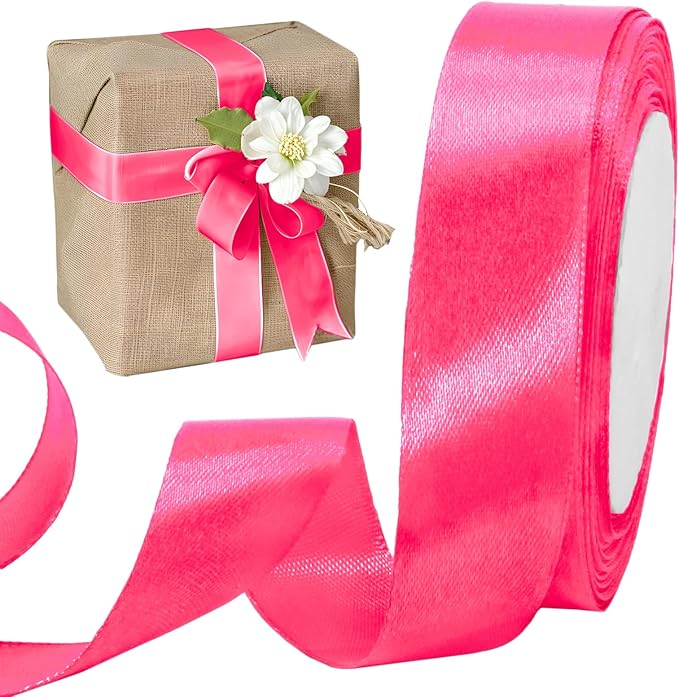 Luomorgo 1 Inch Hot Pink Satin Ribbon, 25 Yards Solid Color Ribbon, Fabric Ribbon for Gift Wrapping, Flower Bouquet, DIY Craft, Sewing, Wedding, Birthday Party Decorations