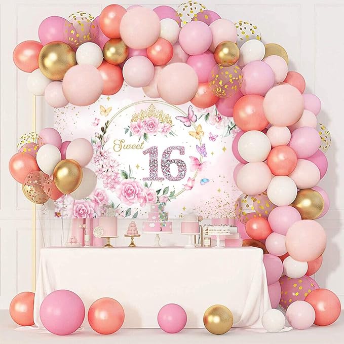 Mocsicka 7x5ft Sweet 16 Backdrop Sweet 16 Banner Decorations for Girls Birthday Party Pink Floral Gold Dots Sweet 16 Background Sweet Sixteen Decorations Photo Booth Props