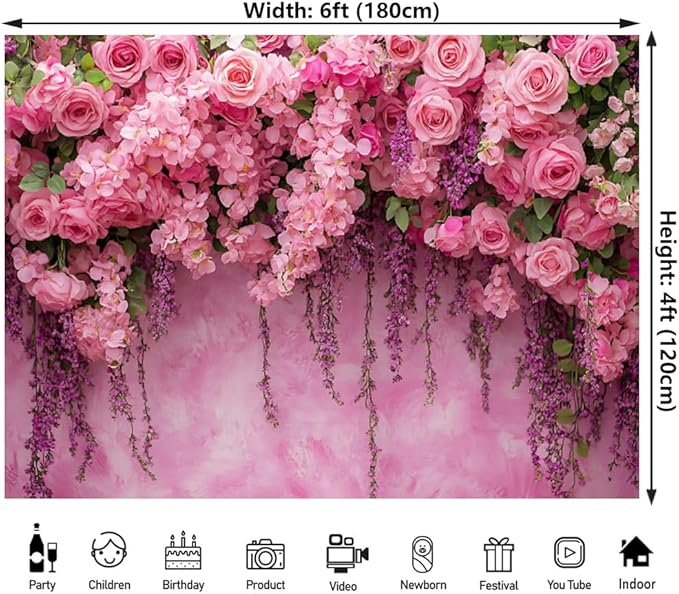 Pink Rose Flower Wall Backdrop for Birthday, Wedding, Bridal Shower, Valentine Day Party Decorations for Bridal Shower Party Decorations (6x4ft)