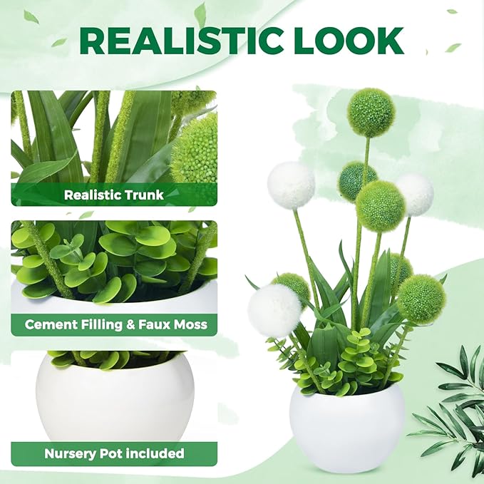 KTSOLRA Pom Pom Balls for Aesthetic Room Decor, Faux Flowers for Vase, Green Cream Neutral Floral Arrangements Centerpiece