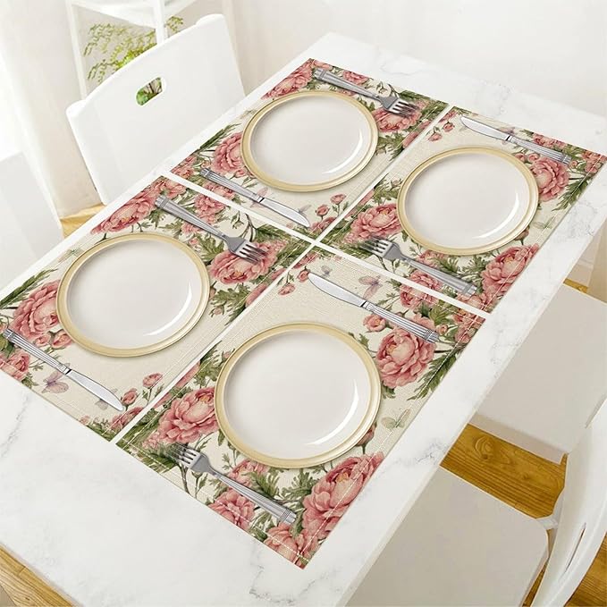 Pink Flowers Placemats Set of 4, 17x12 Inch Rustic Farmhouse Romantic Spring Floral Blossom Butterfly Table Mats for Home Party Kitchen Dining Decor