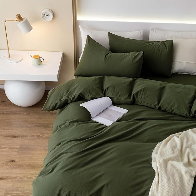 JIYUAN 100% Washed Cotton Duvet Cover Set 3 Pieces Oversized King, 1 Duvet Cover 120x98 Inches(Comforter Not Included) and 2 Pillowcases,Linen Feel Bedding Set Comfy and Breathable,Olive Green