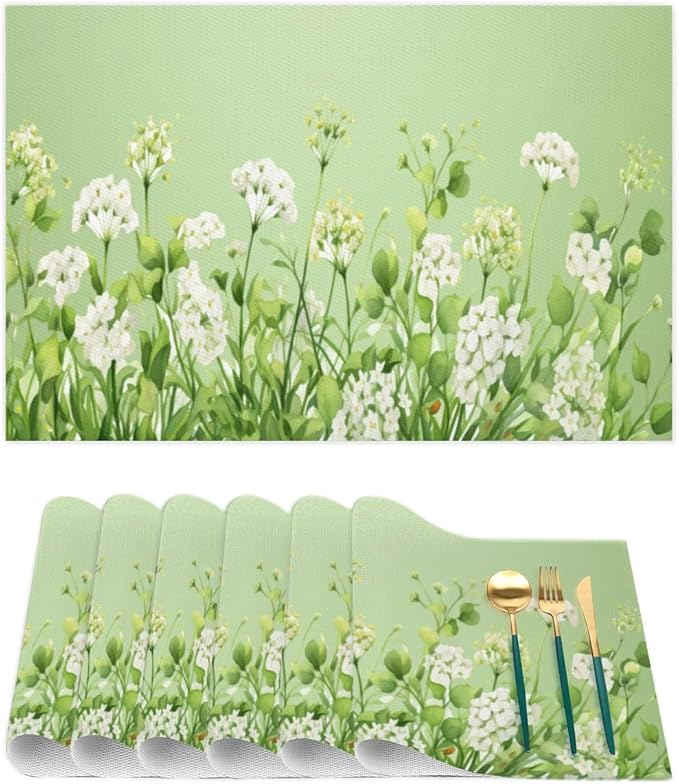 PVC Placemats Set of 1 Sage Green Flower Wipeable Table Mats Washable Heat Resistant Non Slip Vinyl Dining Table Mat for Kithen Indoor Outdoor Patio Farmhouse Place Mats Decorative
