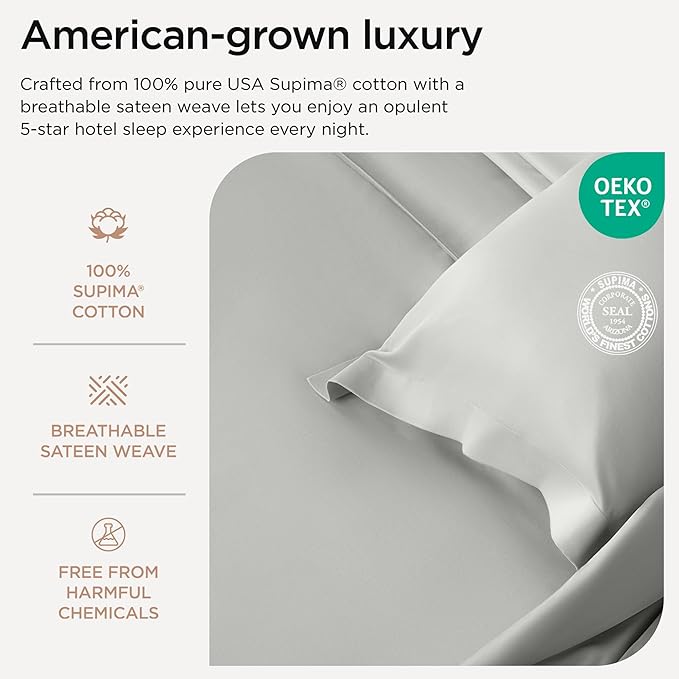 Threadmill Luxury Supima Cotton Sheets, Luxury 1200 Thread Count Soft 100% Cotton Sheets for Full Size Bed, 4 Pc Light Grey Bed Sheets Full Set, 5-Star Hotel Quality Deep Pocket Bed Sheets Set
