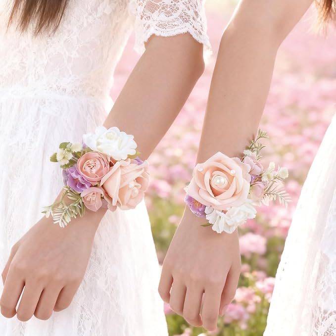 Champagne Rose Wrist Corsage, Pack of 2 PCS Wedding Bridal Wrist Flower Corsage Hand Flower Artificial Silk Rose Decor for Prom Party Wedding (Champagne, 2pcs).