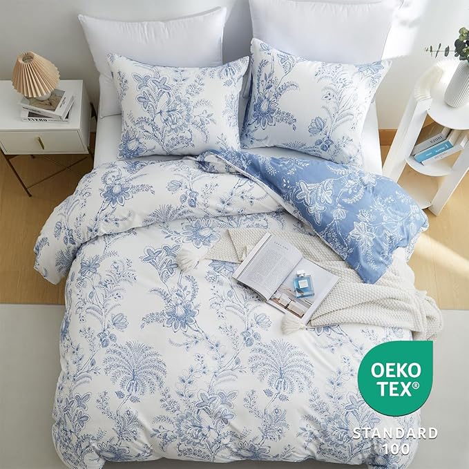 Nayoroom Floral Duvet Cover Set King Size Cottagecore White Blue Flower Leaf Comforter Cover 3Pcs Soft Breathable Microfiber Pastoral Garden Aesthetic Bedding Set with Zipper Closure