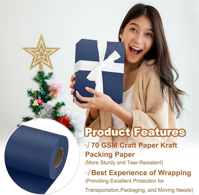 PATIKIL Wrapping Paper, 20" x 700"(59') 70 GSM Craft Paper Roll Kraft Packing Paper for Poster Bulletin Board, Gift Wrapping, Navy Blue