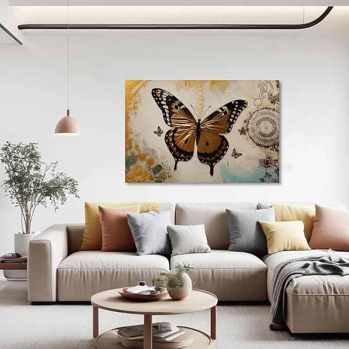 KPLUNDO Butterfly Wall Art Abstract Flower Picture Gray Gold Poster Vintage Painting Modern Artwork Home Decor for Living Room Bedroom Office Wall Decoration Ready to Hang(Art-3,28.00x42.00 inch)
